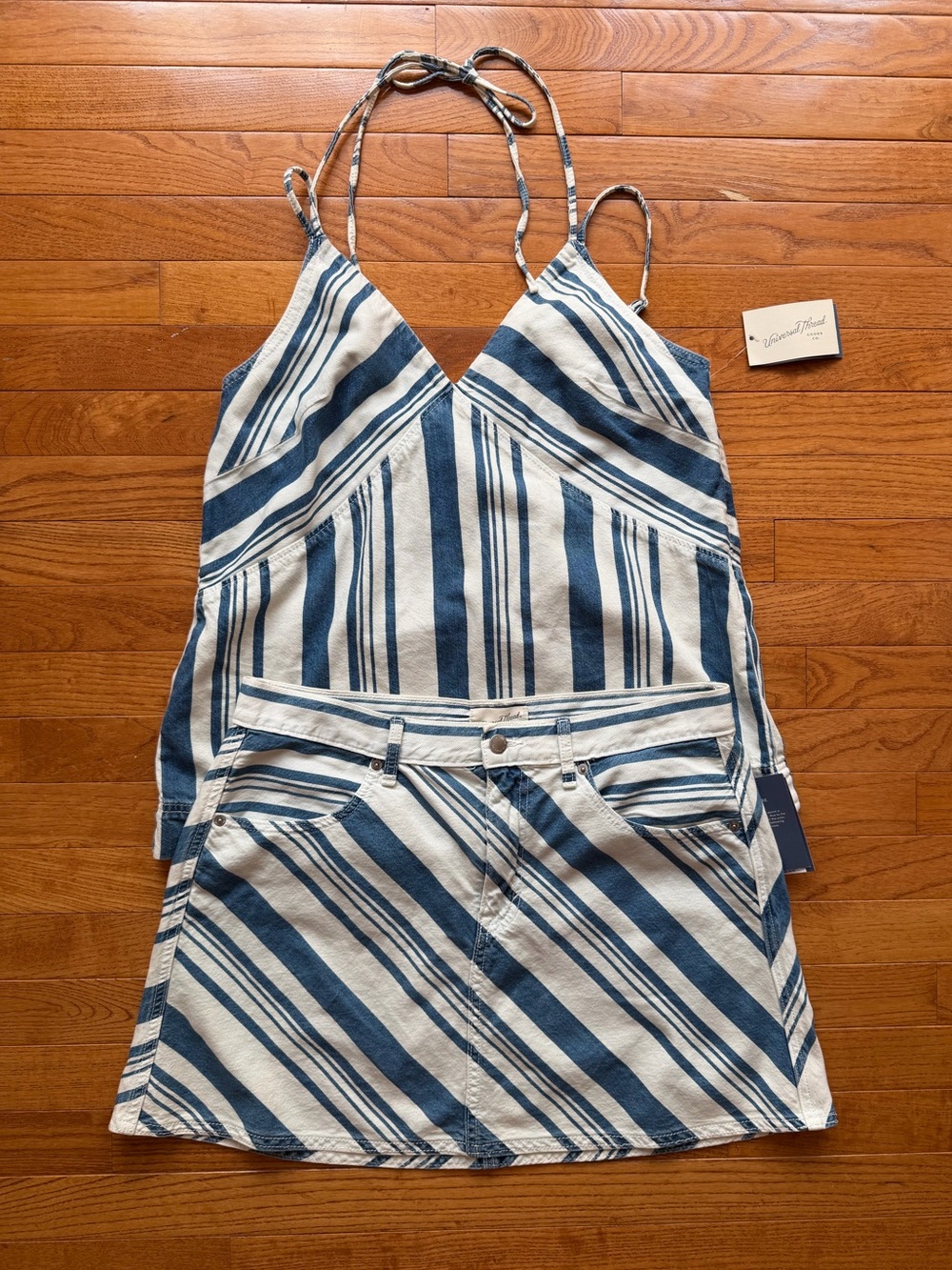 NWT Universal Thread Blue Striped Matching Set Halter Tank M Denim Mini Skirt 12